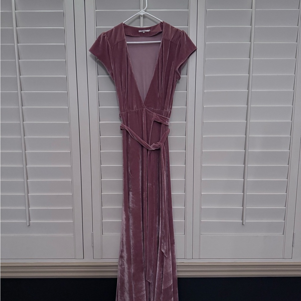 Tularosa Dusty Rose Wrap Maxi Dress with Flutter Sleeves and Plunge Neckline